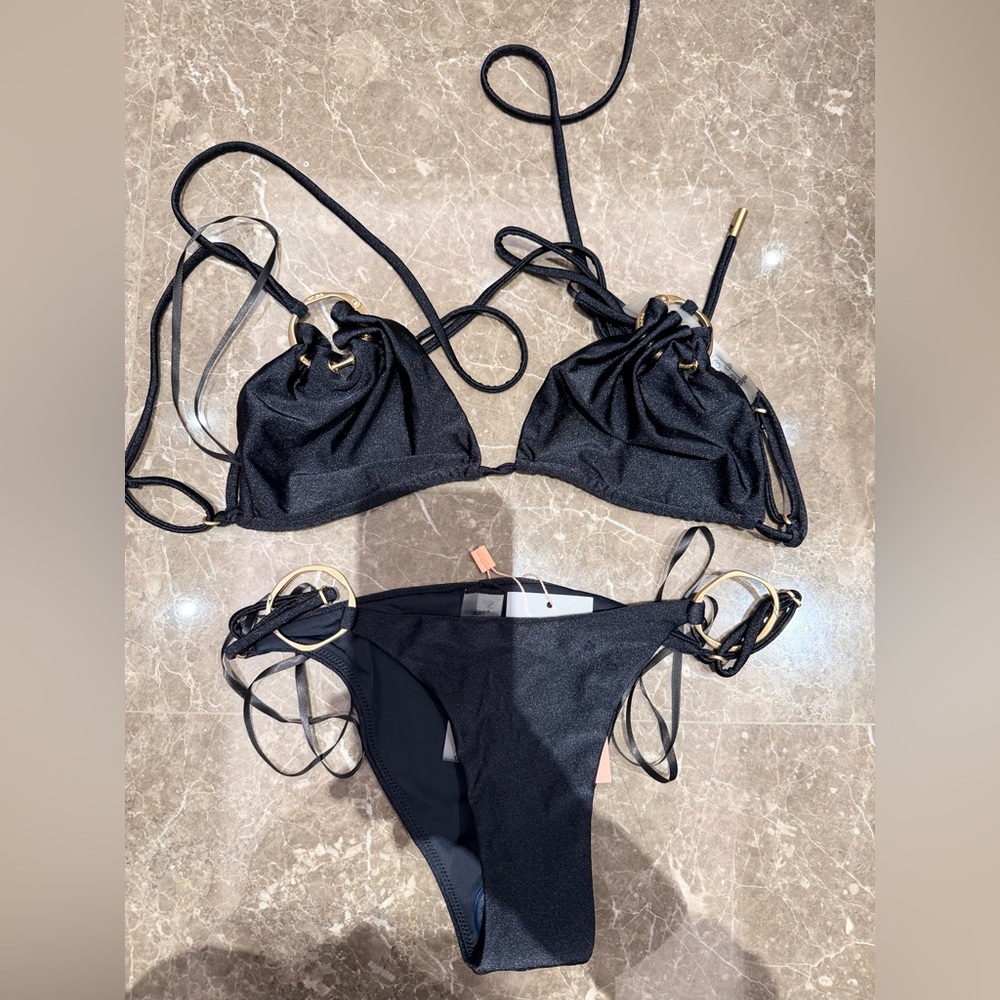Black Ring-Accent Triangle Bikini Set - Women Swim